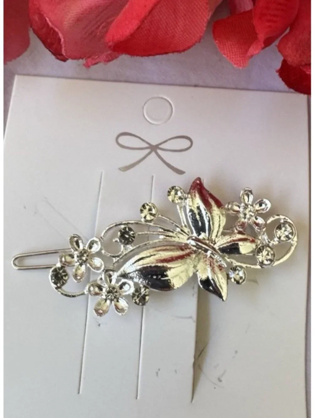 Flower Hair Clip Clamp Butterfly Flower Bling SIlver Crystal Rhinestone 2.5